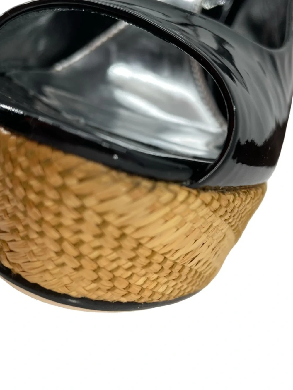 Gucci Black Patent Leather Raffia Wedges Sandals Size 41 BLACK Excellent - Picture 9 of 14